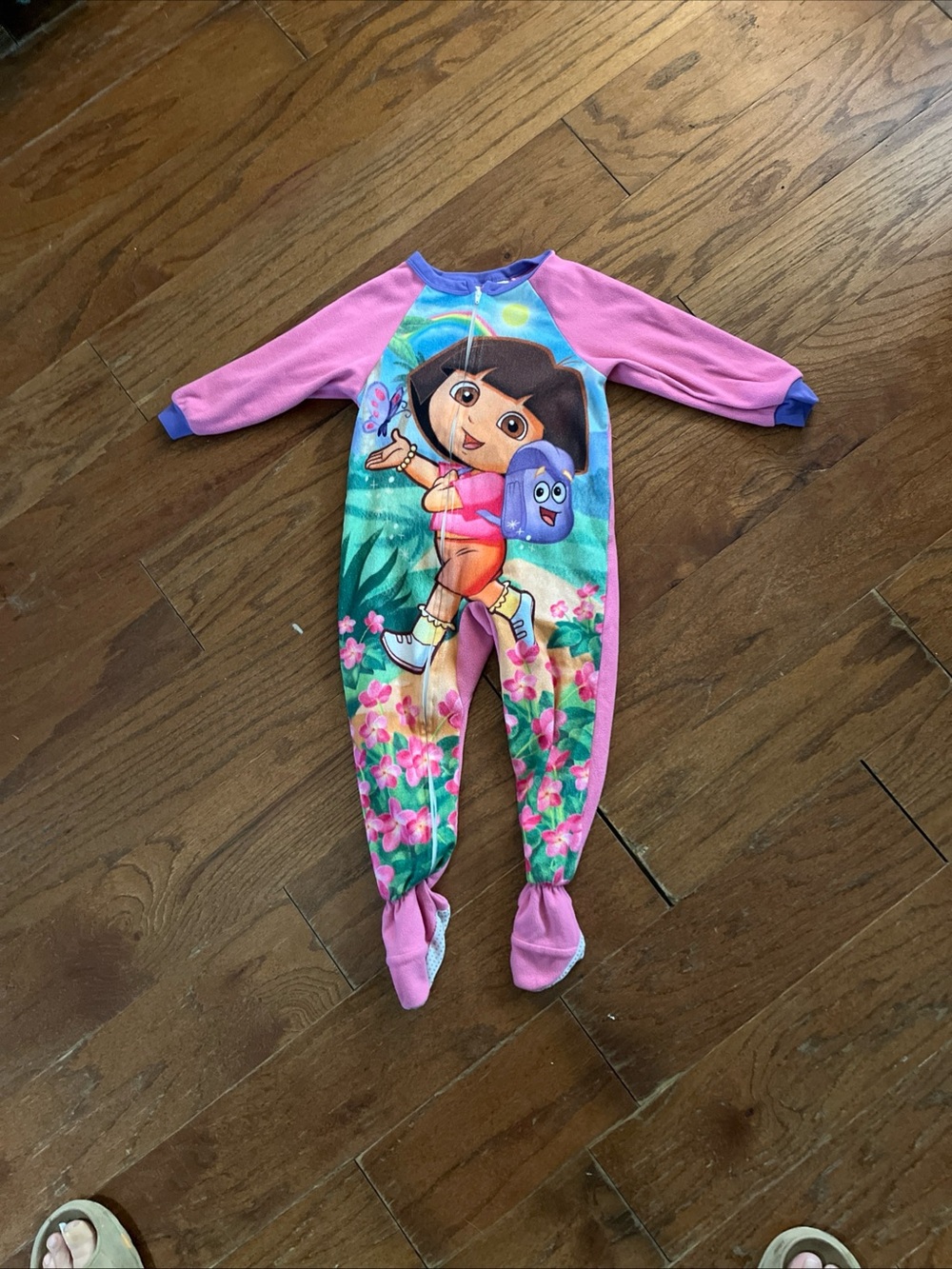 Dora The Explorer & Boots Pink & Green Floral Footed One-Piece Pajama 4T Footies